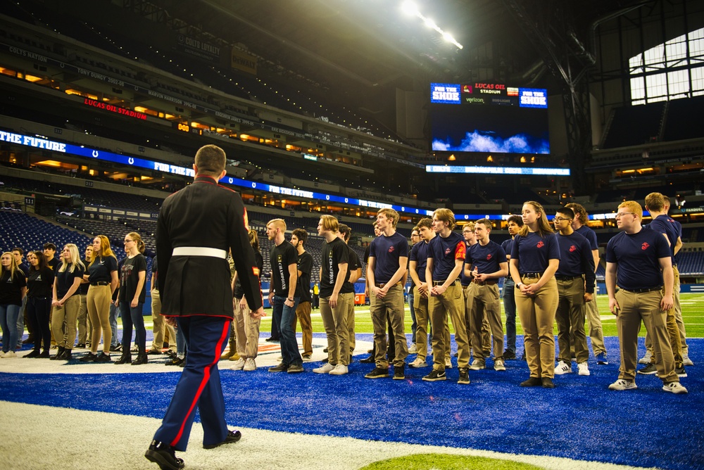 Indiana National Guardsmen support the Oath of Enlistment of future U.S. troops at Lucas Oil Stadium