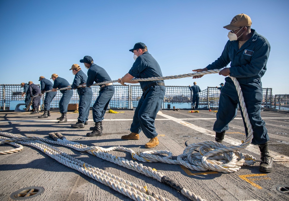 USS Milwaukee Sailors Heave Line on the Flight Deck