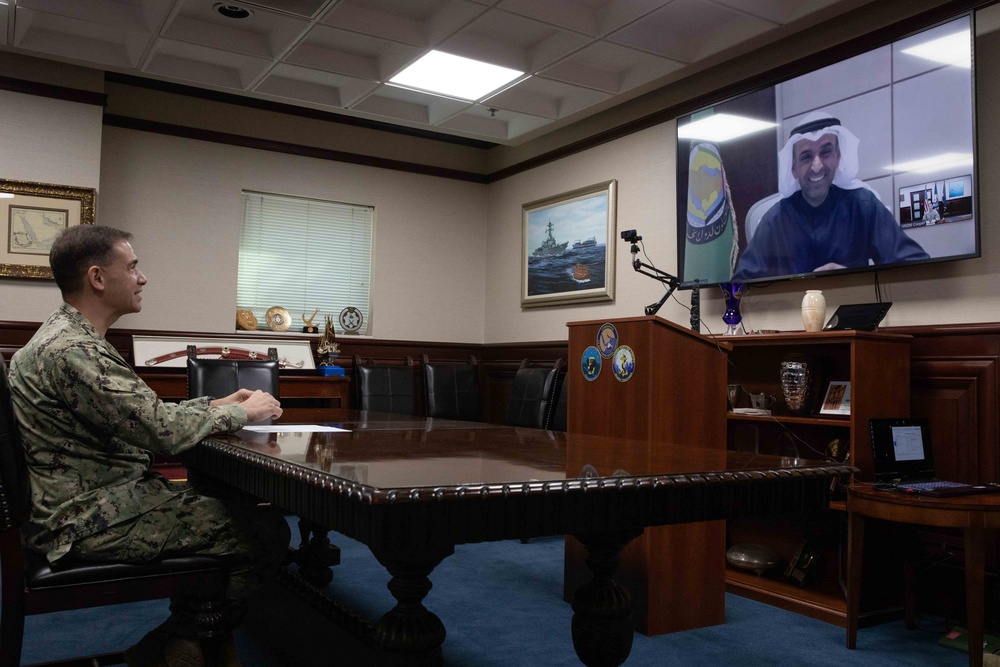 VADM Cooper speaks with Gulf Cooperation Council (GCC) Secretary General H. E. Dr. Nayef Falah M. Al-Hajraf during a video call