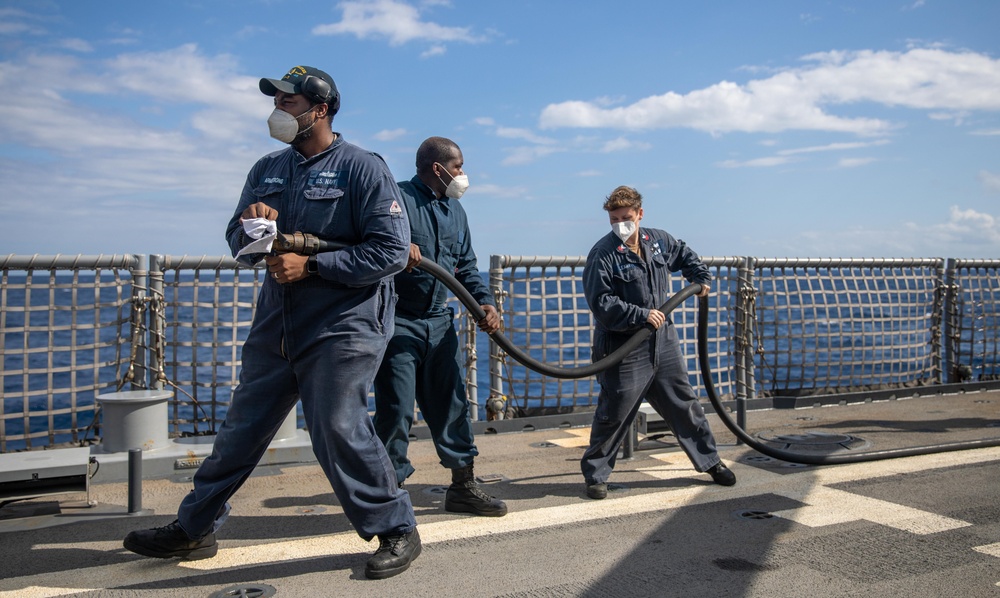 USS Milwaukee Sailors Simulate Putting Out a Fire on the Flight Deck