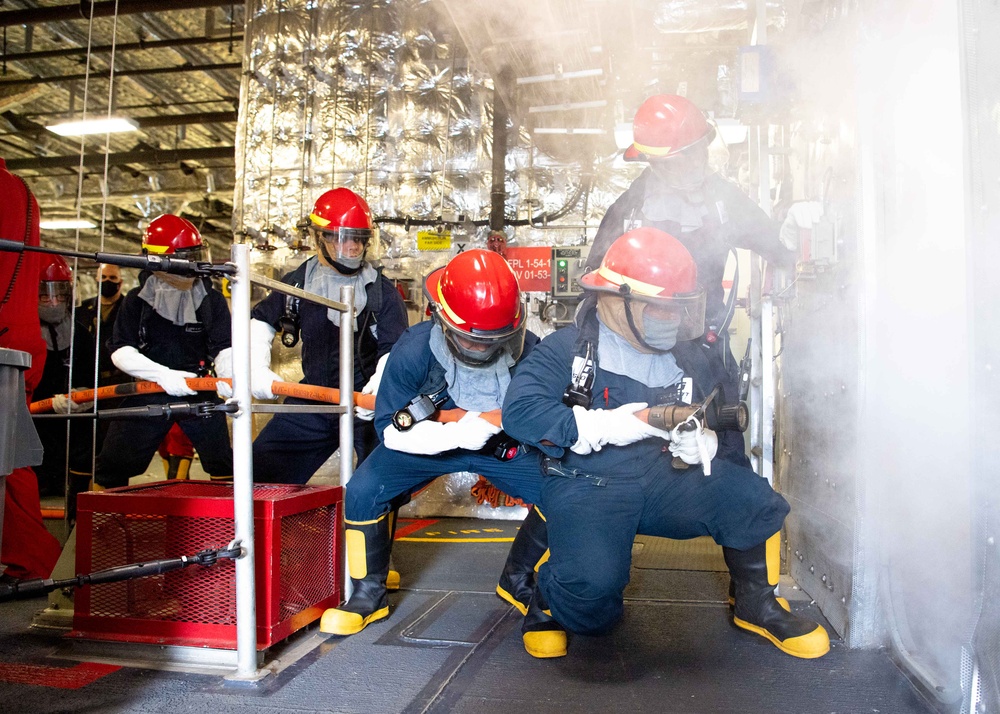 USS Charleston Sailors Participate in Simulated Firefighting Exercise