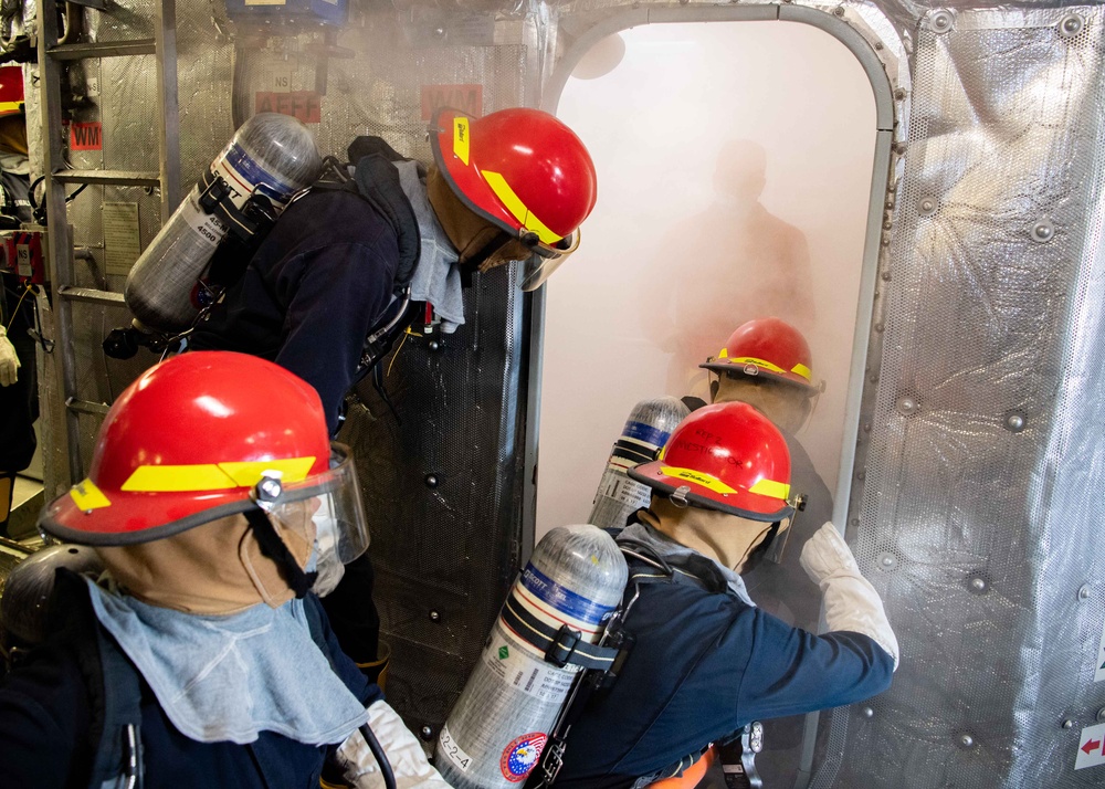 USS Charleston Sailors Participate in Simulated Firefighting Exercise