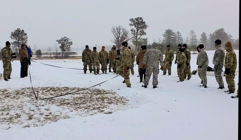 Cold-Weather Operations Course class 22-02 students learn about Arctic tent on snowy training day