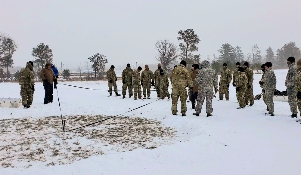 Cold-Weather Operations Course class 22-02 students learn about Arctic tent on snowy training day