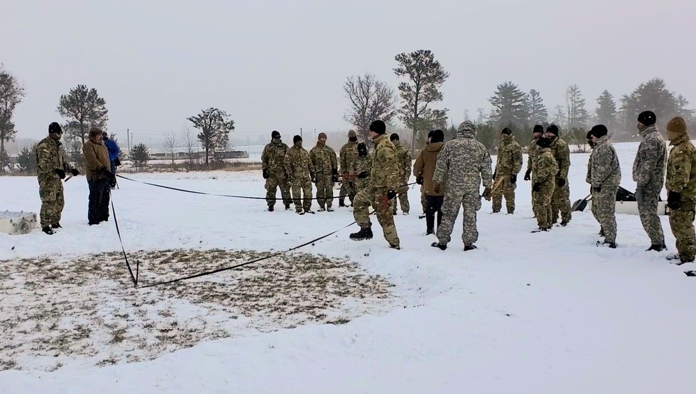 Cold-Weather Operations Course class 22-02 students learn about Arctic tent on snowy training day