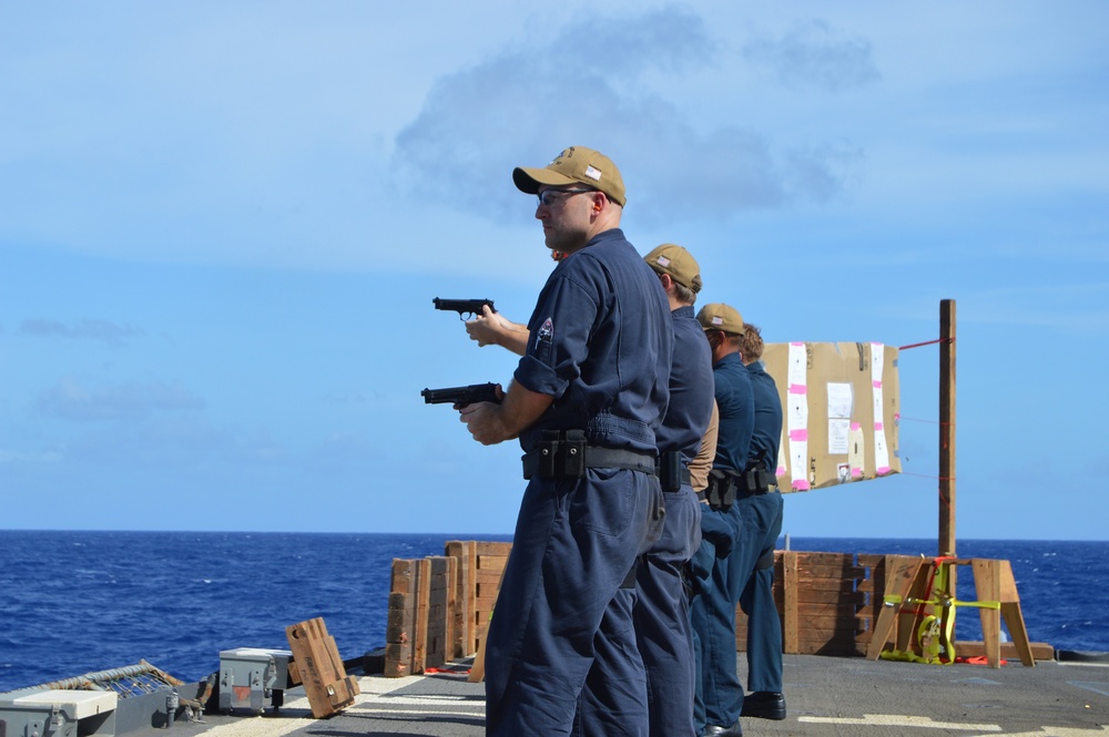 Sailors aboard USS Lake Champlain undergo small arms qualifications