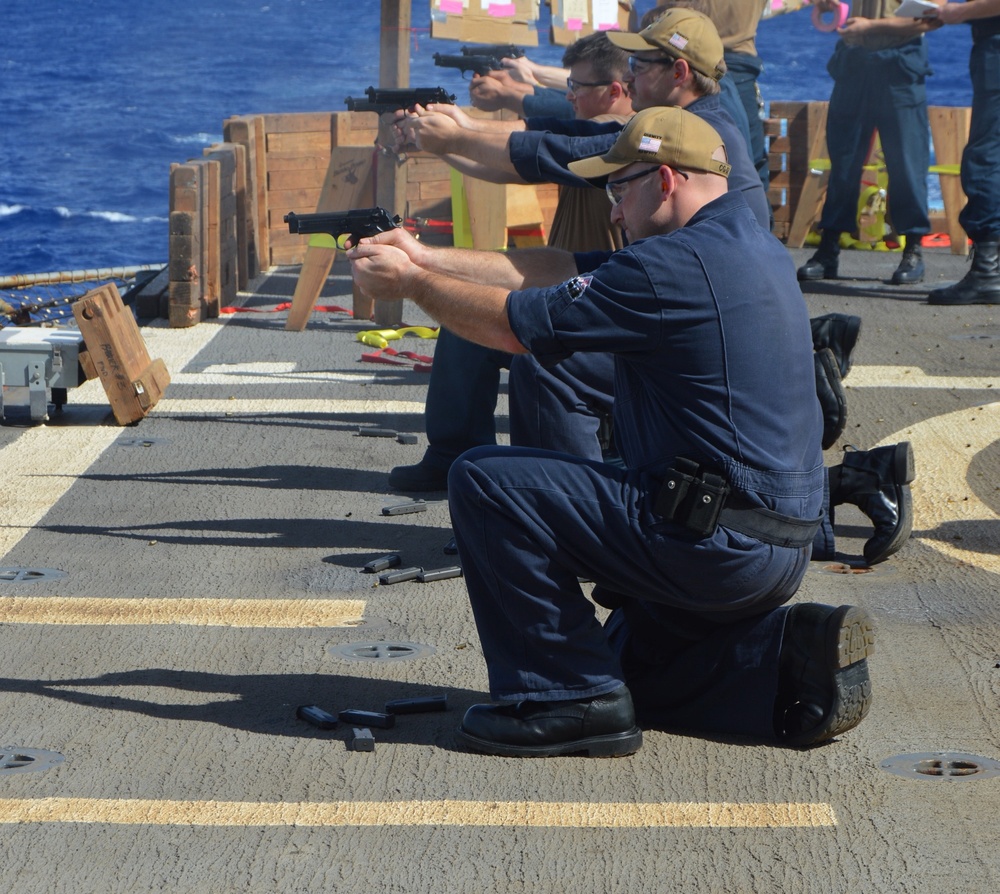 Sailors aboard USS Lake Champlain undergo small arms qualifications