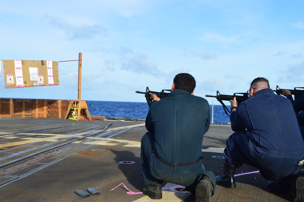 Sailors aboard USS Lake Champlain undergo small arms qualifications