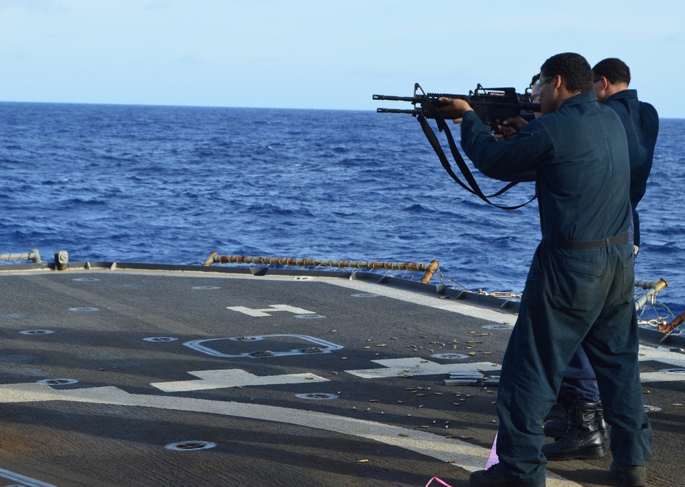 Sailors aboard USS Lake Champlain undergo small arms qualifications