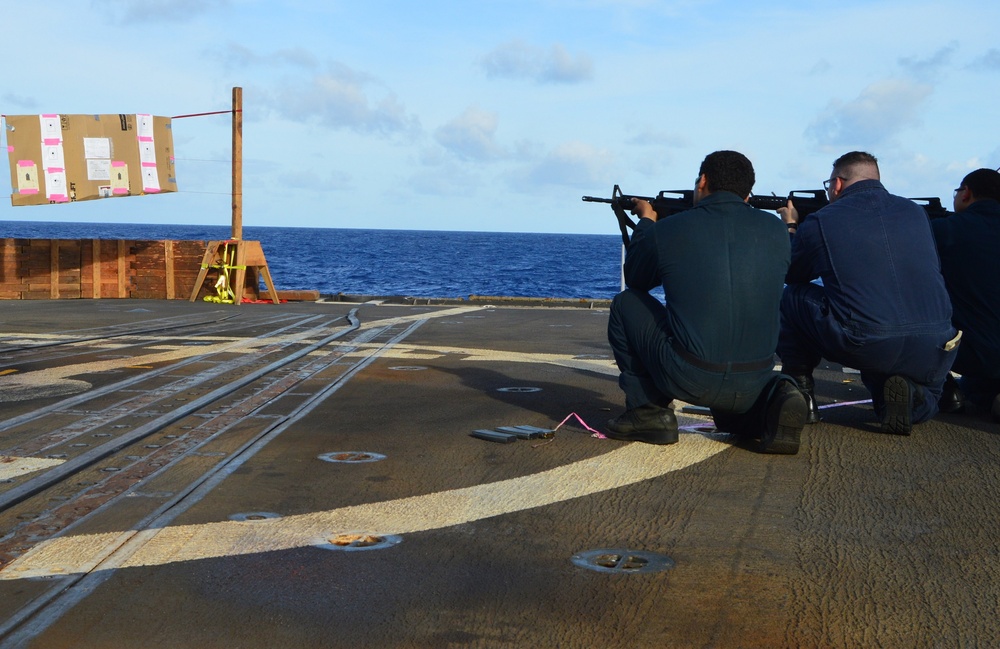 Sailors aboard USS Lake Champlain undergo small arms qualifications