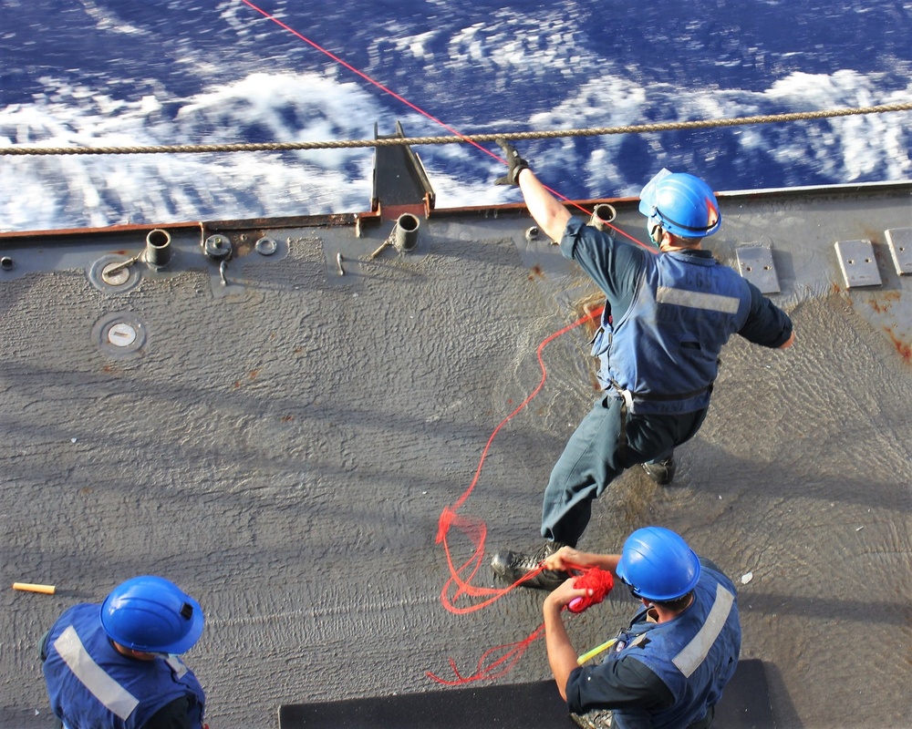 USS Lake Champlain conducts replenishment-at-sea in Philippine Sea