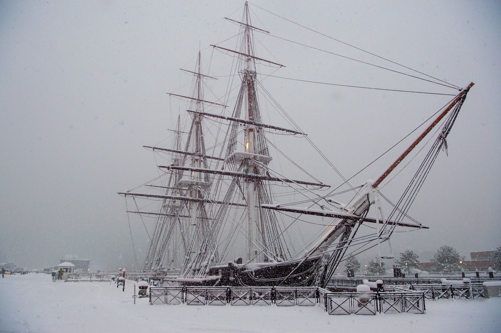 USS Constitution moored in the snow