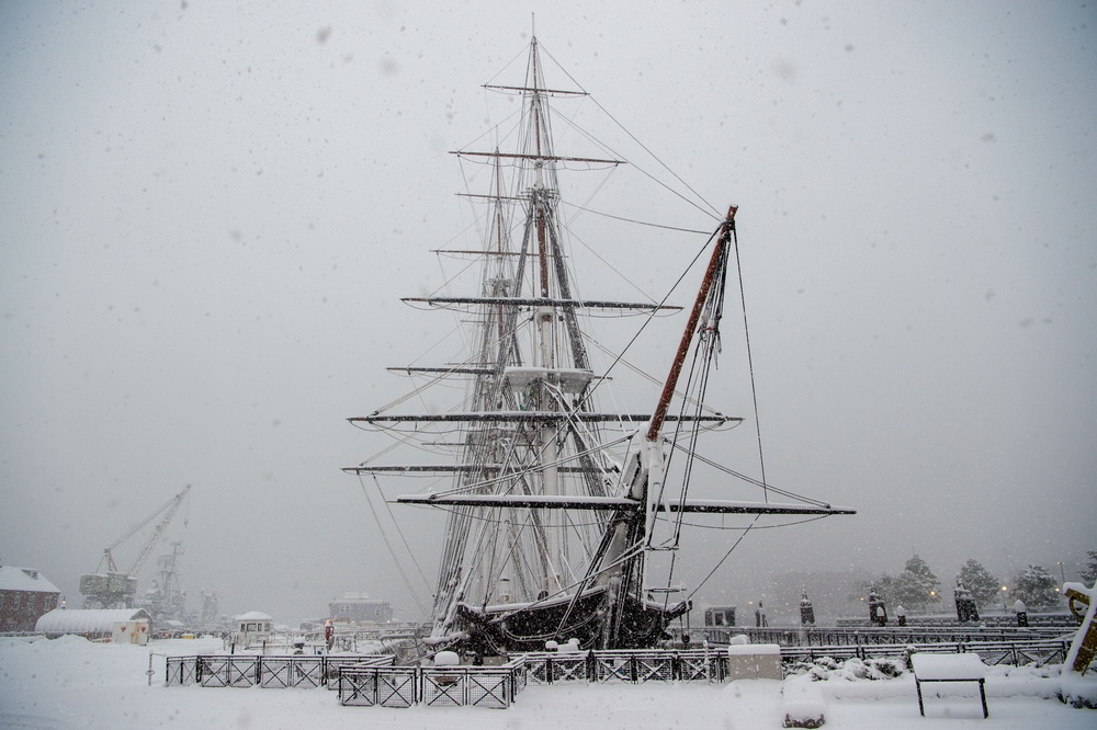 USS Constitution moored in the snow