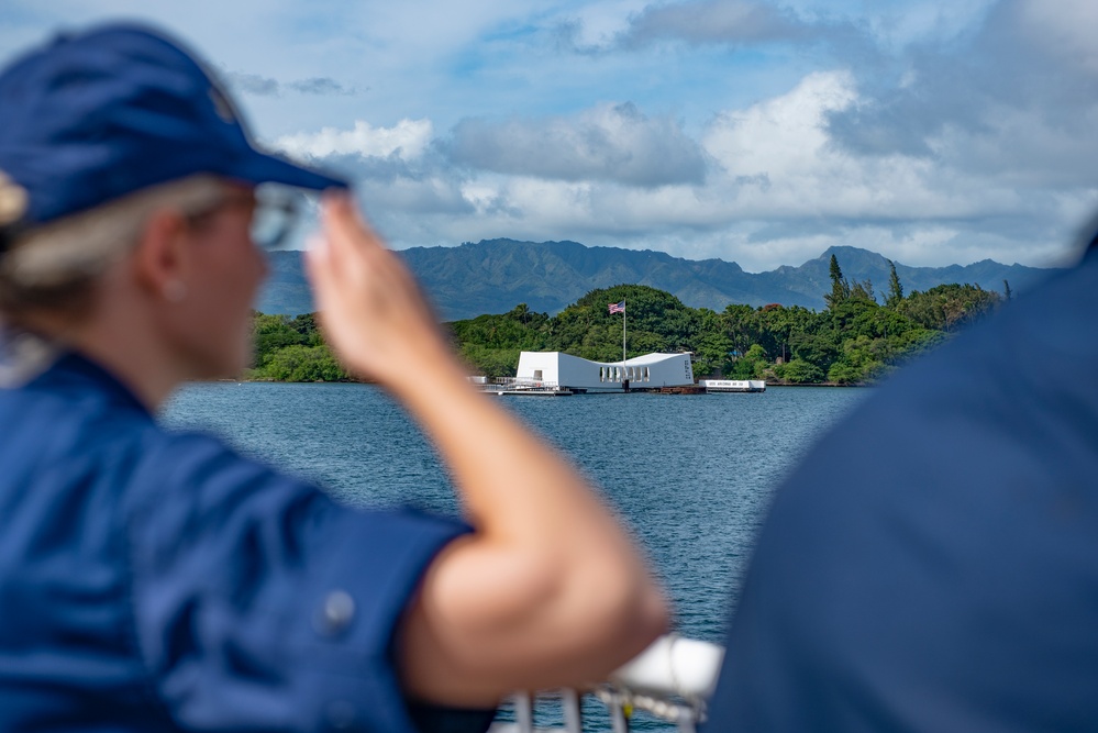 USCG Cutter Stratton render honors to USS Arizona Memorial