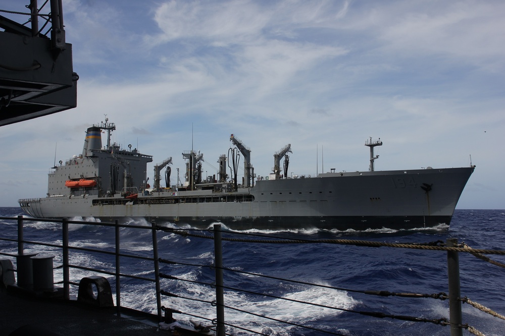 USS Lake Champlain conducts replenishment-at-sea in Philippine Sea