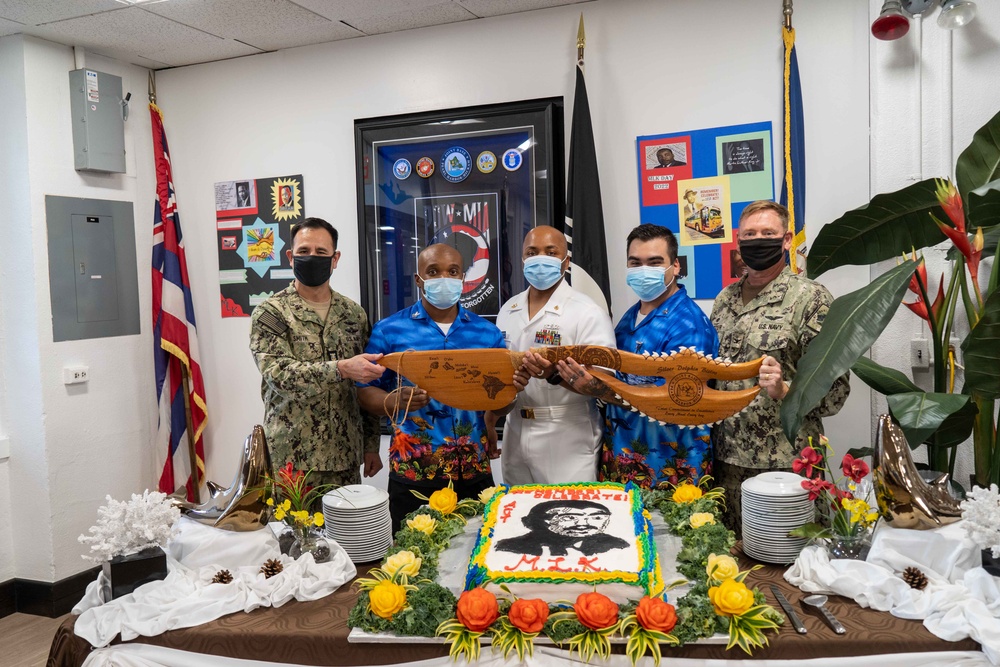 The Silver Dolphin Bistro and Diversity committees on board Pearl Harbor Hickam Celebrate Dr. Martin Luther King with lunch and cake.