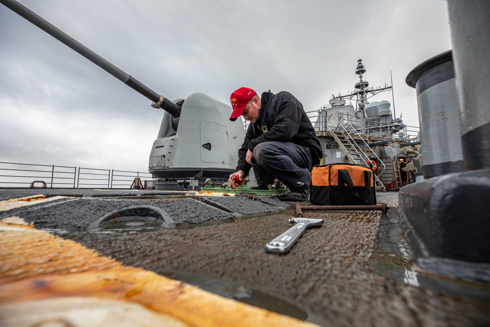 San Jacinto is operating as part of the Harry S. Truman Carrier Strike Group. The Harry S. Truman Carrier Strike Group is on a scheduled deployment in the U.S. Sixth Fleet area of operations.