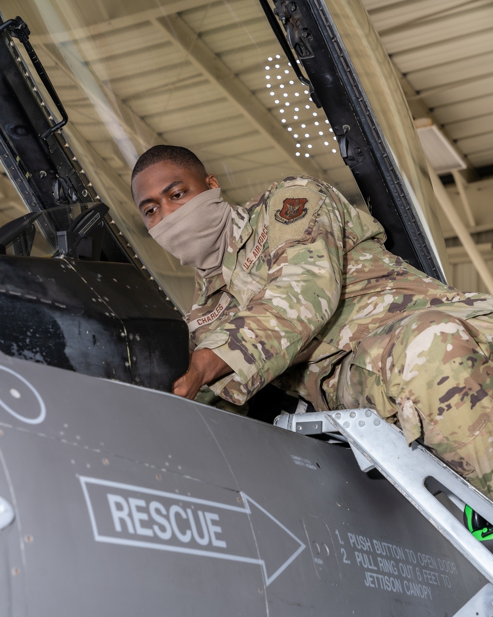 Inspect F-16 cockpit