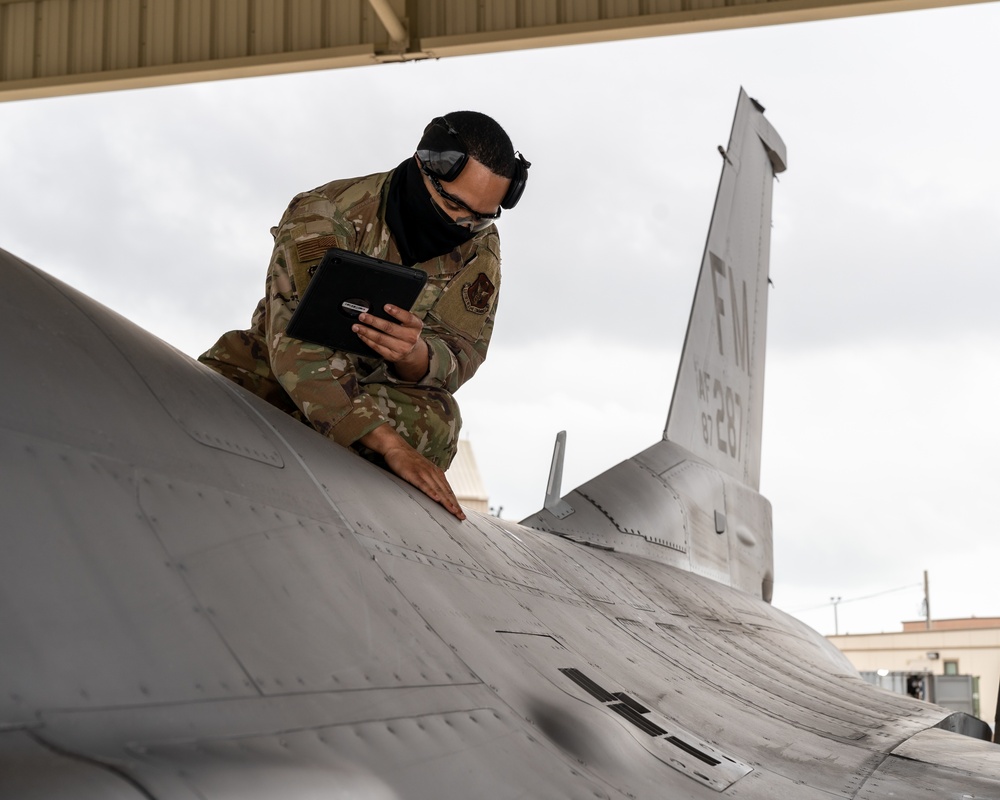 Inspect panels on top of a F-16