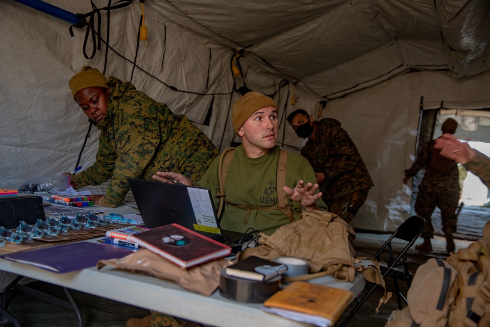 U.S. Marines and Sailors with Combat Logistics Battalion 5 conduct Mobile Combat Operations Center operations during Steel Knight 22