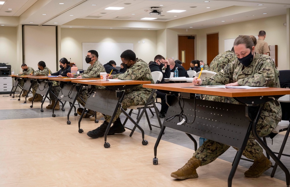 Sailors participate in the Navywide E-7 Advancement Exam