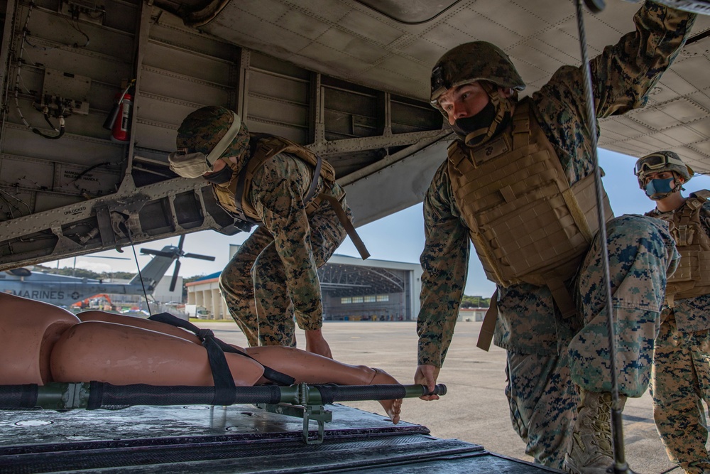 Marines with Combat Logistics Regiment 37 conduct air casualty evacuation drills