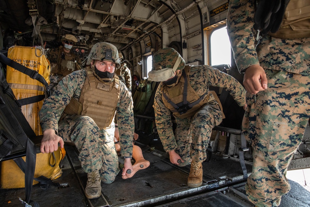 Marines with Combat Logistics Regiment 37 conduct air casualty evacuation drills