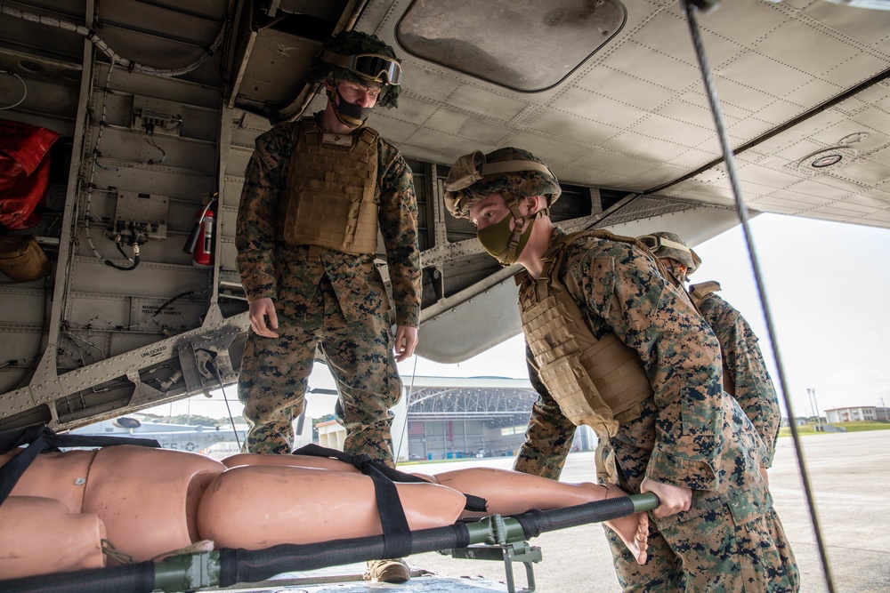 Marines with Combat Logistics Regiment 37 conduct air casualty evacuation drills