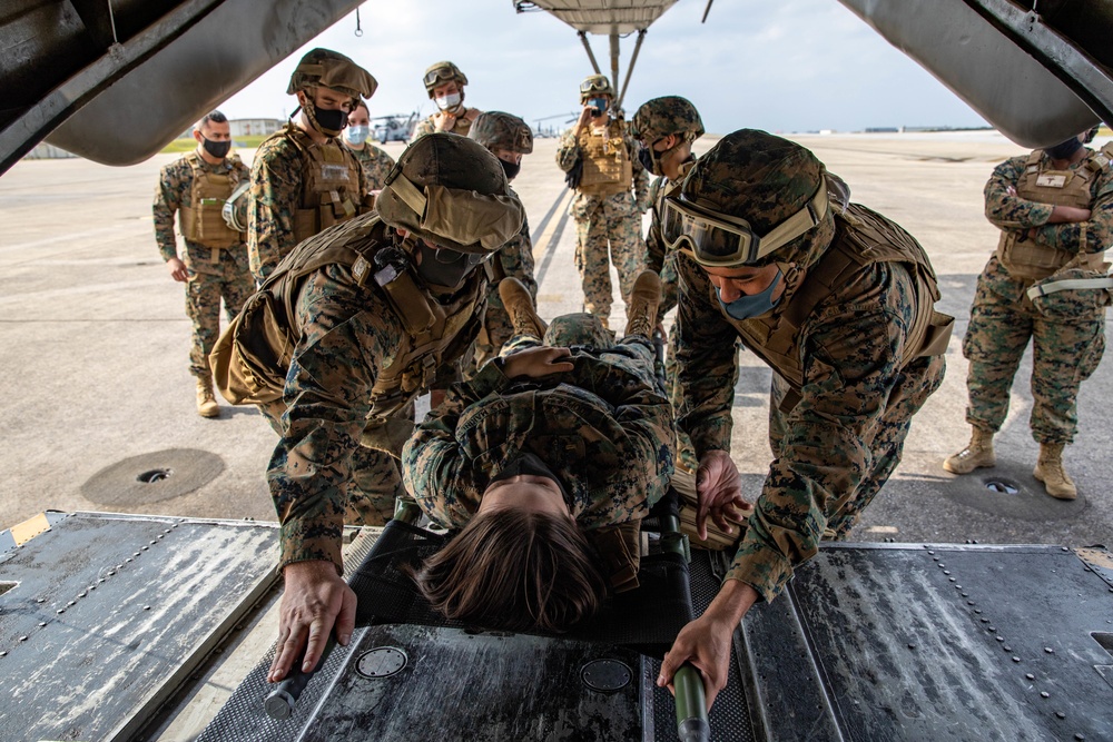 Marines with Combat Logistics Regiment 37 conduct air casualty evacuation drills