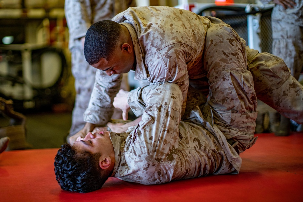 Marines with VMM 165 (Reinforced), 11th MEU conduct MCMAP aboard USS Essex (LHD 2)