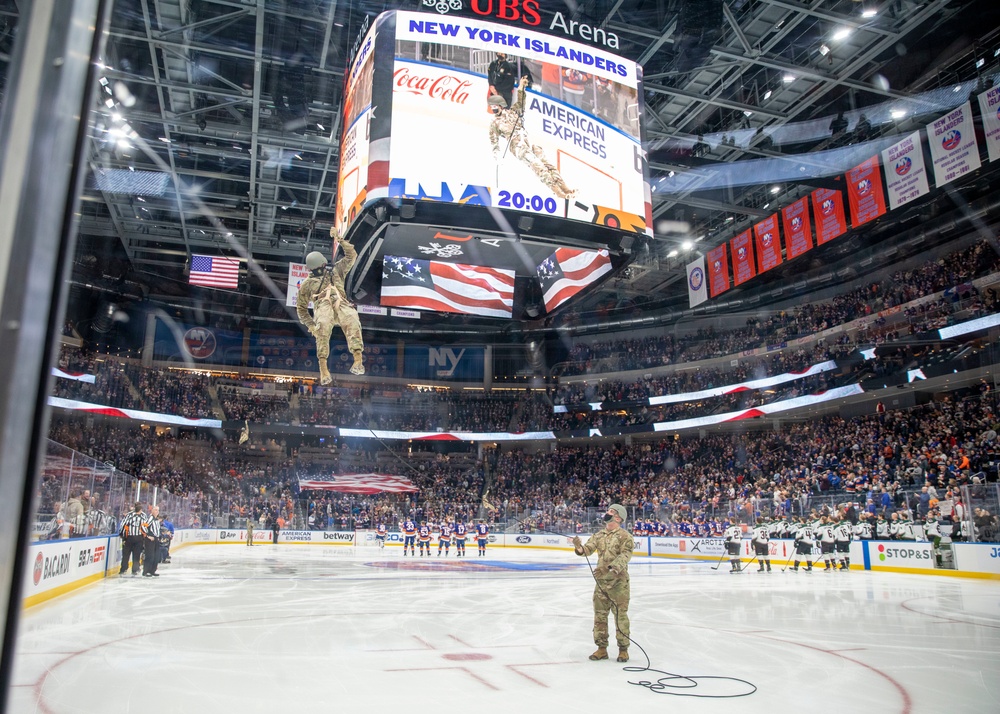 NYNG Soldiers Rappel Down For Ceremonial Puck Drop During The Islander’s Military Appreciation Night