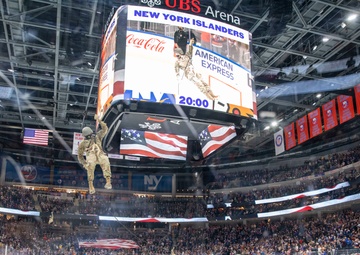 NYNG Soldiers Rappel Down For Ceremonial Puck Drop During The Islander’s Military Appreciation Night