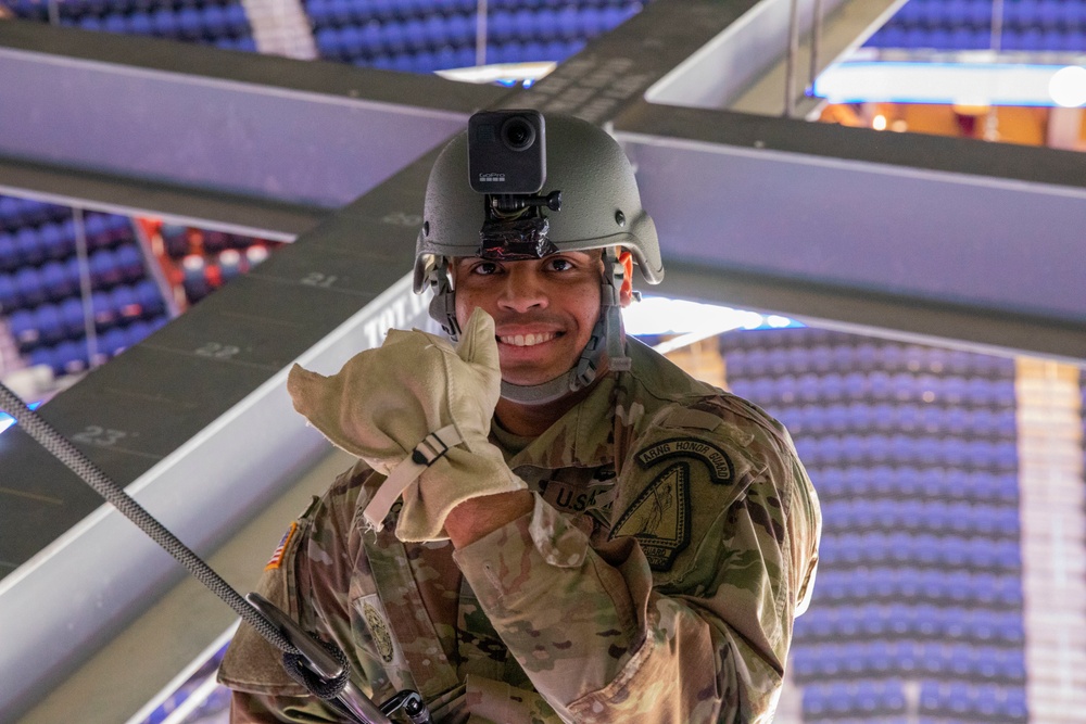 NYNG Soldiers Rappel Down For Ceremonial Puck Drop During The Islander’s Military Appreciation Night