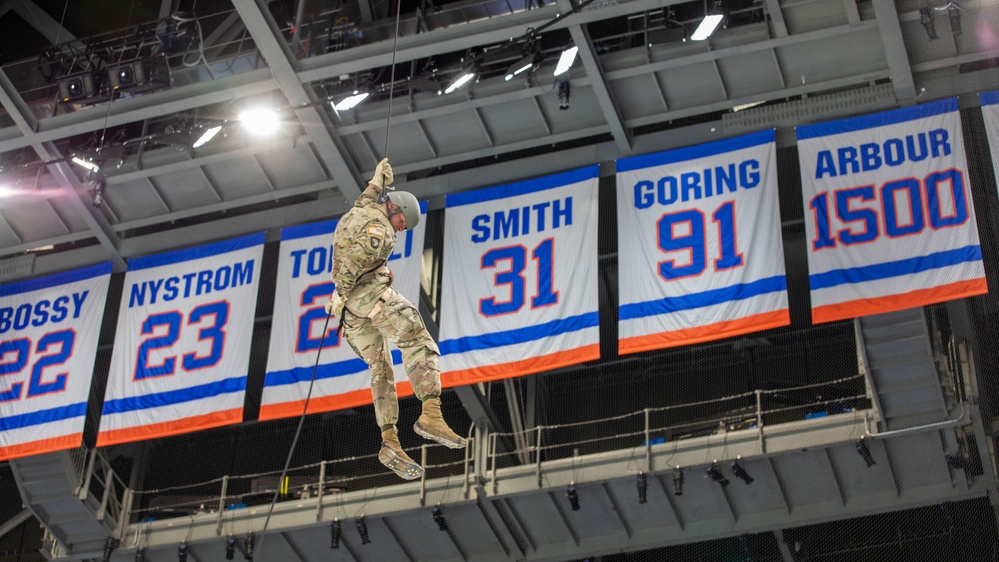 NYNG Soldiers Rappel Down For Ceremonial Puck Drop During The Islander’s Military Appreciation Night