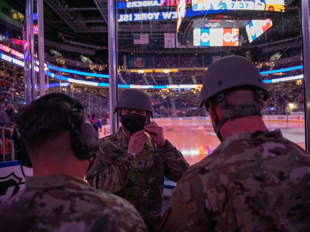 NYNG Soldiers Rappel Down For Ceremonial Puck Drop During The Islander’s Military Appreciation Night