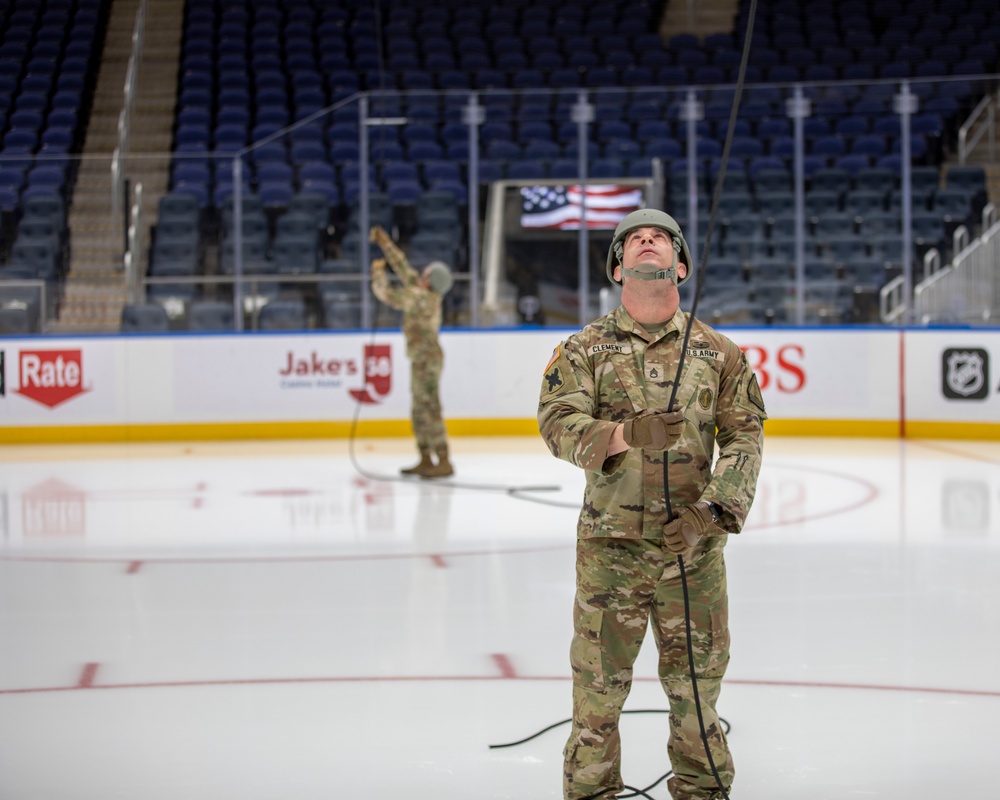 NYNG Soldiers Rappel Down For Ceremonial Puck Drop During The Islander’s Military Appreciation Night