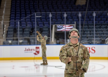 NYNG Soldiers Rappel Down For Ceremonial Puck Drop During The Islander’s Military Appreciation Night