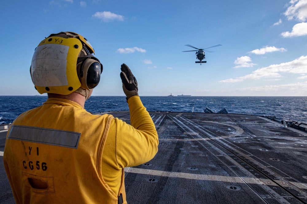 San Jacinto is deployed with the Harry S. Truman Carrier Strike Group on a scheduled deployment in the U.S. Sixth Fleet area of operation