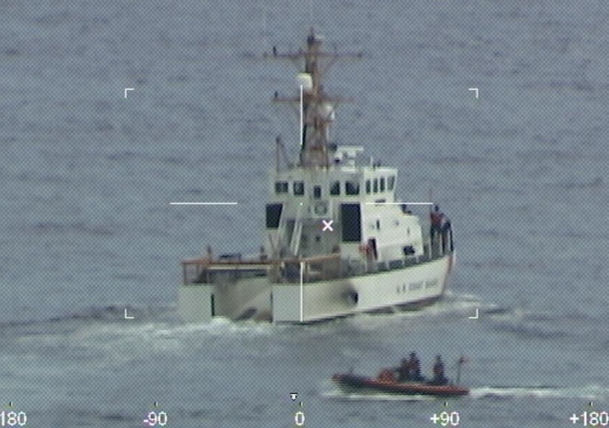 Coast Guard Cutter Ibis' crew searching for 39 people off Fort Pierce Inlet, Florida, Jan. 25, 2022. A good Samaritan reported to Sector Miami watchstanders at 8 a.m. that he had rescued a man clinging to a capsized vessel approximately 45 miles east of Fort Pierce Inlet. (U.S. Coast Guard photo)