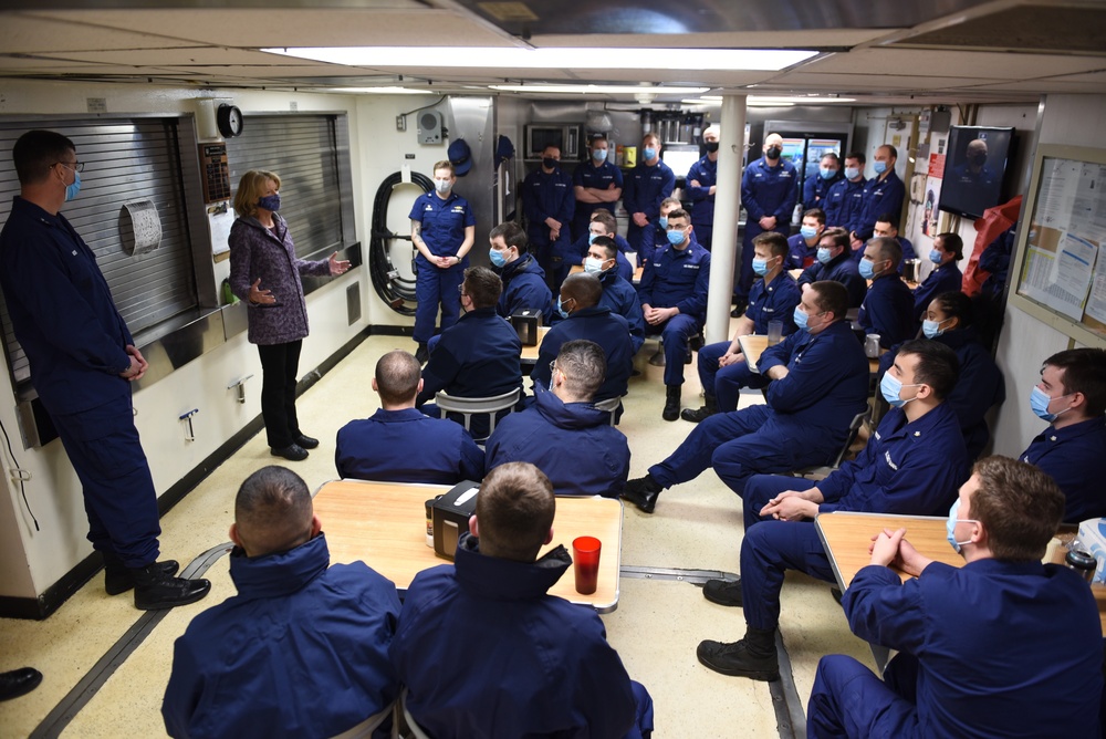U.S. Sen. Lisa Murkowski and Rear Adm. Nathan Moore, commander, 17th District, visit with Coast Guard members in Homer, Alaska, aboard Coast Guard Cutter Hickory, Jan. 26, 2022. Both Moore and Murkowski discussed with crew members the challenges Coast Guard members face in port and underway in Alaskan waters. (U.S. Coast Guard photo by Petty Officer 1st Class Nate Littlejohn)