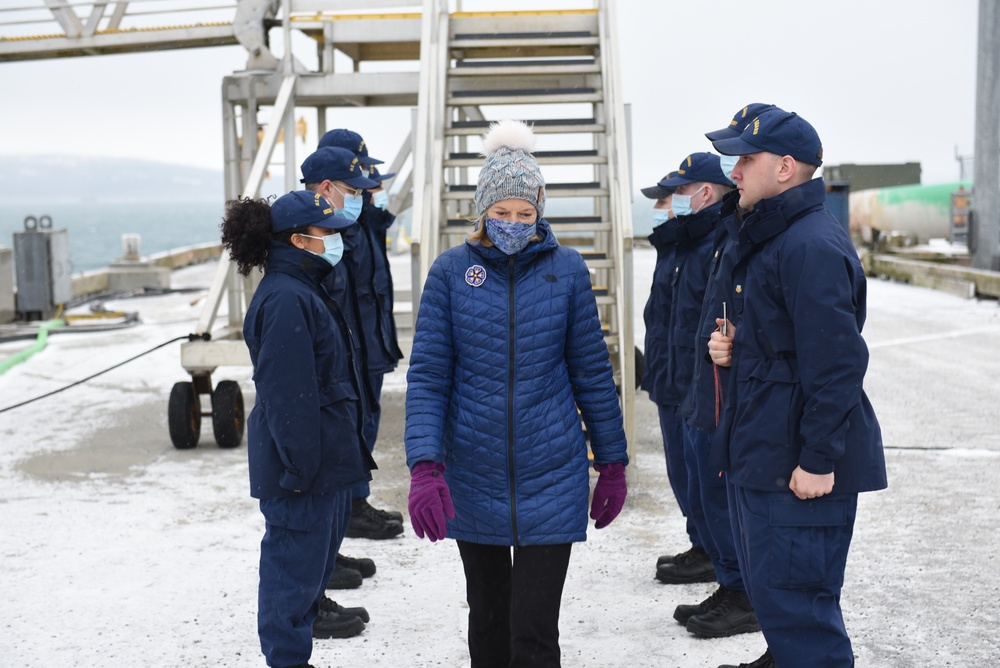 U.S. Sen. Lisa Murkowski departs Coast Guard Cutter Hickory after a visit with Coast Guard members in Homer, Alaska, Jan. 26, 2022. During her visit, Murkowski expressed gratitude for their Coast Guard service and listened to their concerns about living and serving in Alaska. (U.S. Coast Guard photo by Petty Officer 1st Class Nate Littlejohn)