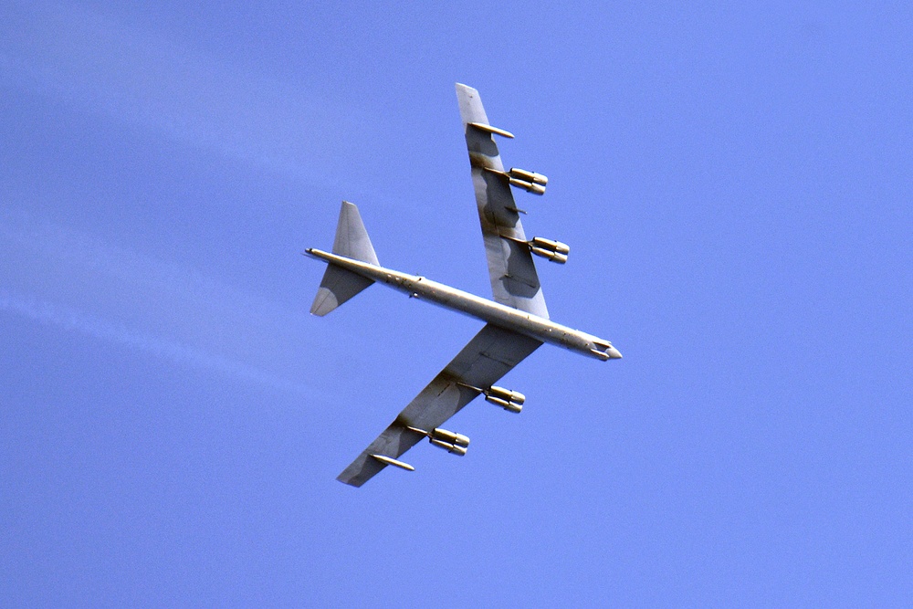 A B-52H Stratofortress Soars Over the National All-Domain Warfighting Center in Northern Michigan