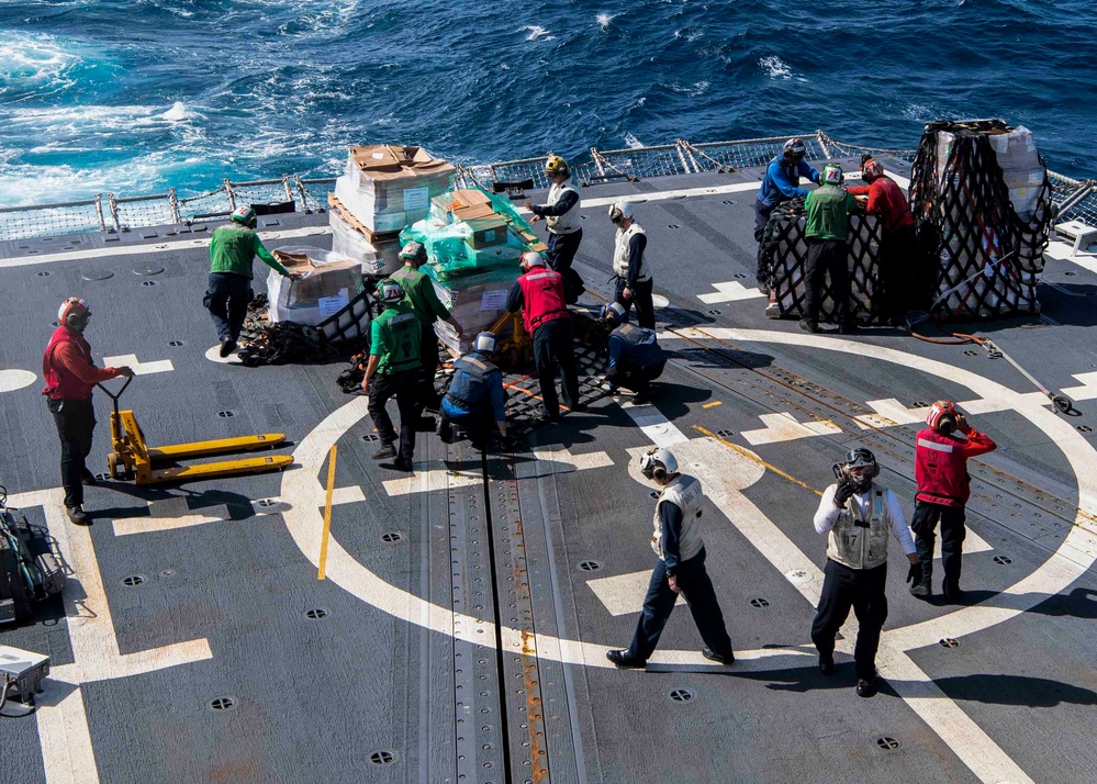 Gridley conducts a vertical replenishment-at-sea