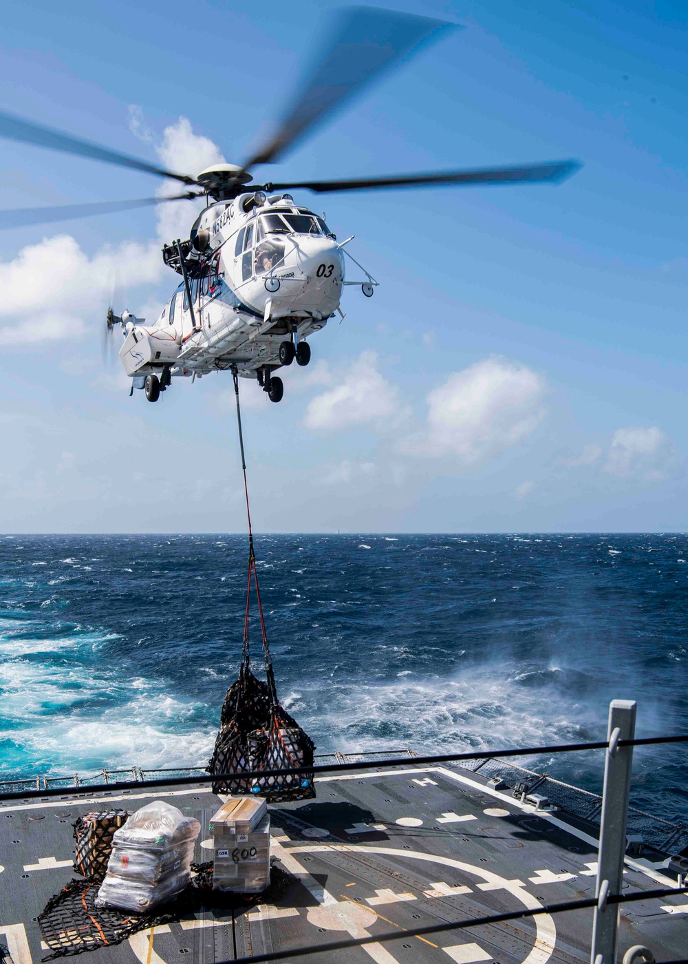 Gridley conducts a vertical replenishment-at-sea