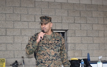 Col John Medeiros Jr, Commanding Officer for Assault Amphibian School, address the Marines, Sailors, friends and, family at the 5th Annual Thanksgiving Day and Service event.