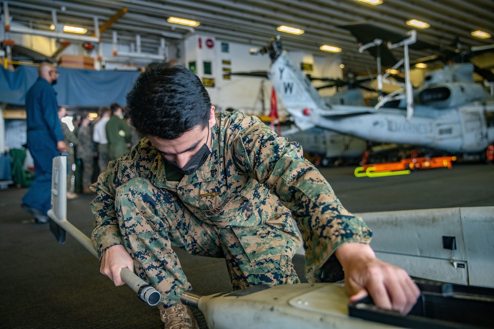 11th MEU conduct operations check on a Stalker during Noble Fusion aboard the USS Essex (LHD 2)