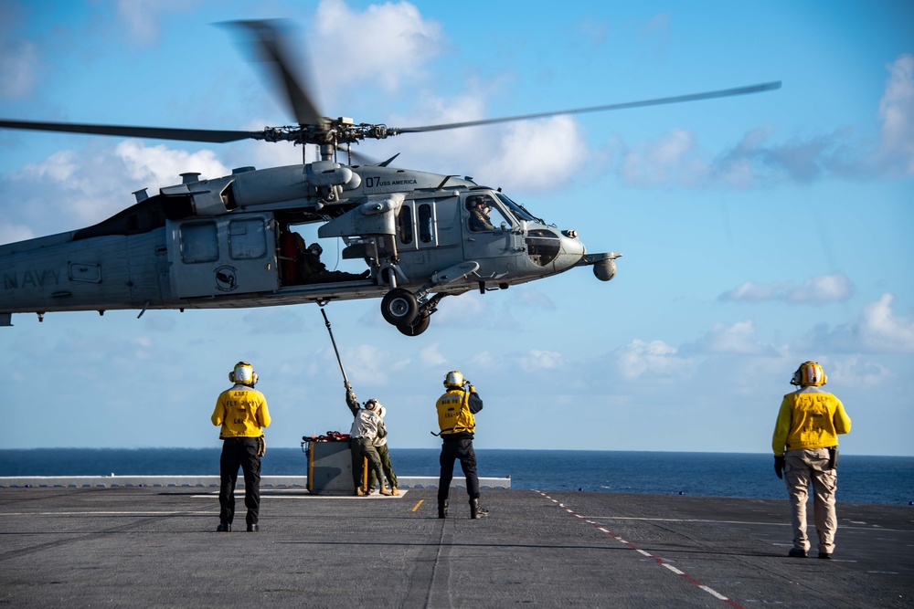 USS America (LHA 6) Conducts Vertical Replenishment During Exercise Noble Fusion
