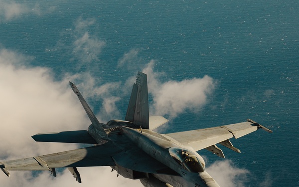 United States F/A-18 Super Hornets conducts air-to-air training over the Ionian Sea as a part of Neptune Strike 2022