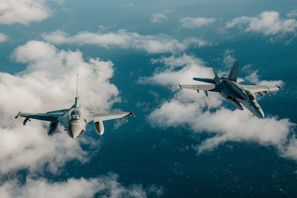 – United States F/A-18 Super Hornets and Greek F-16 Fighting Falcons conduct air-to-air training over the Ionian Sea as a part of Neptune Strike 2022