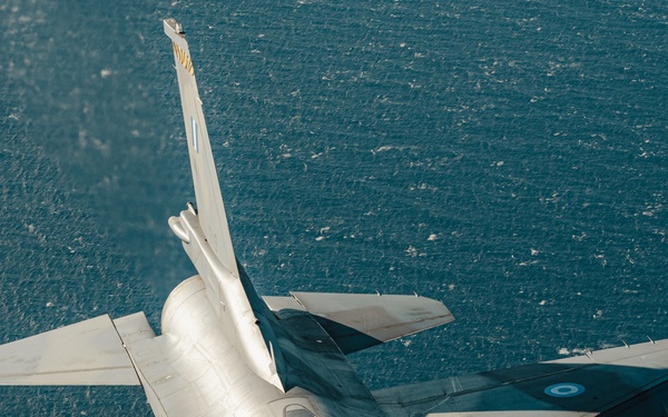 United States F/A-18 Super Hornets and Greek F-16 Fighting Falcons conduct air-to-air training over the Ionian Sea as a part of Neptune Strike 2022